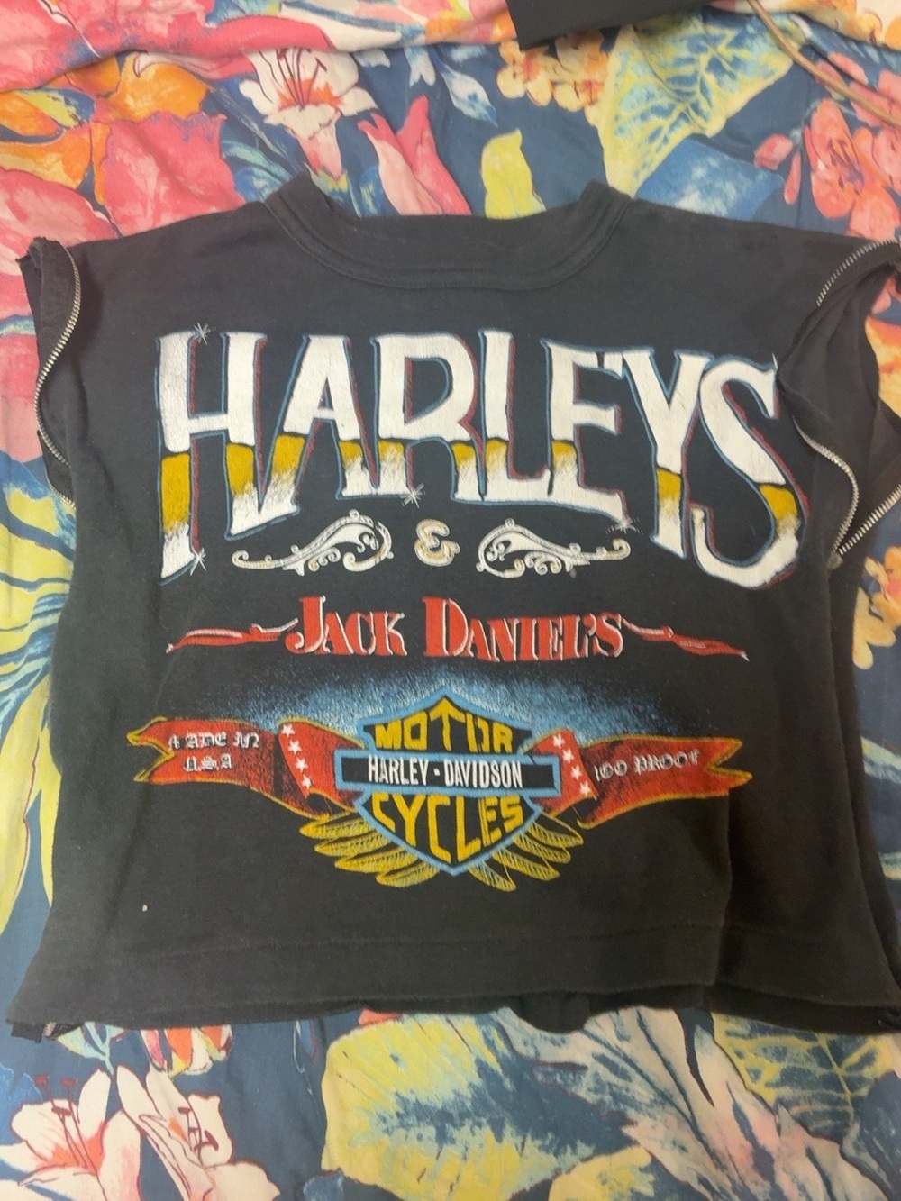 Harley-Davidson Black Crop Top with Yellow, Red and Blue Graphic